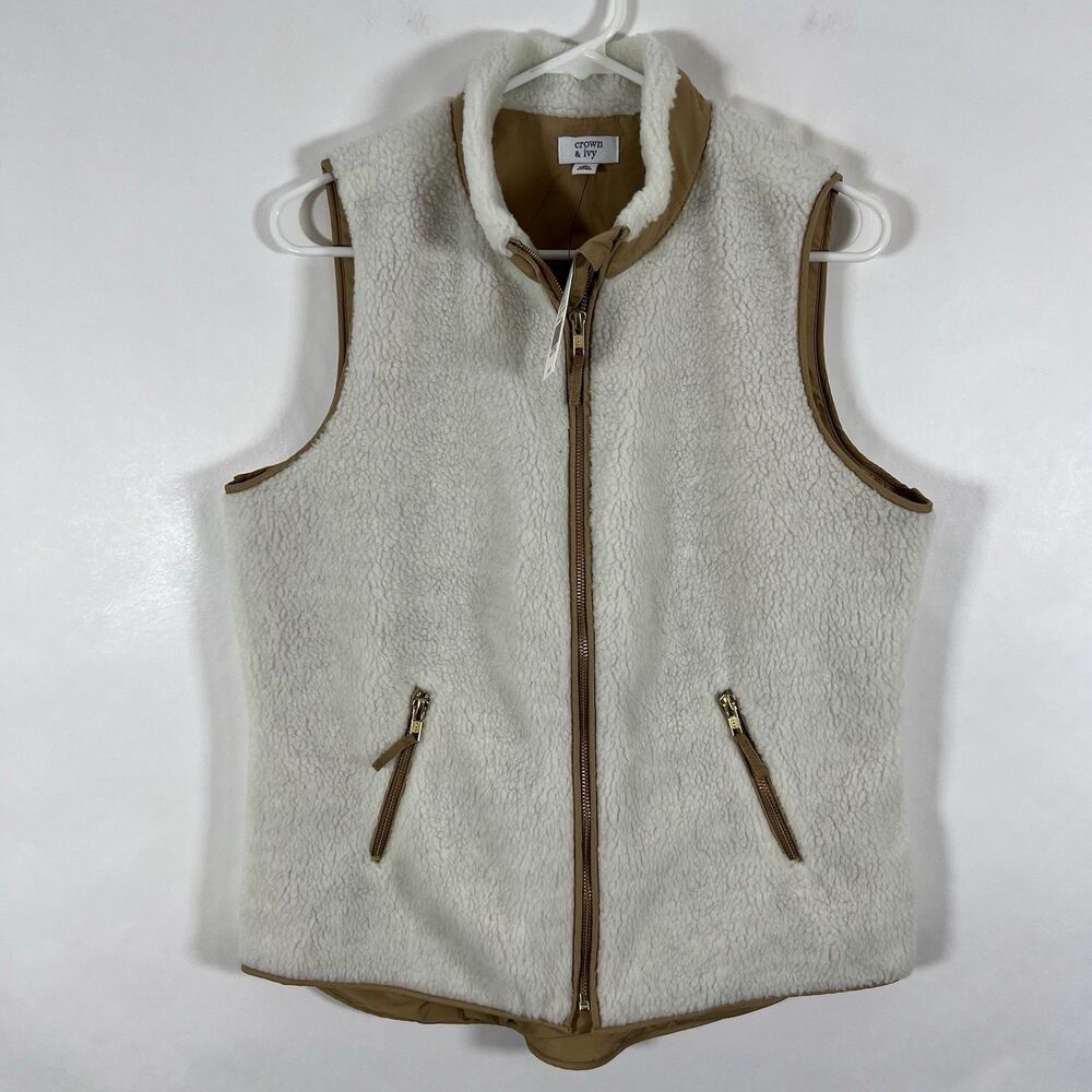 Crown & Ivy Full Zip Sherpa Fleece Vest Womens Size Medium White Beige NWT $84